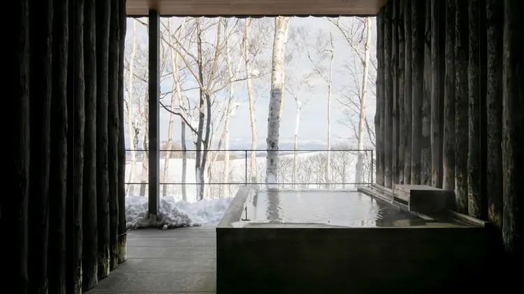 A minimalist private stone onsen at Zaborin in Niseko, framed by dark timber pillars and overlooking a serene winter landscape of snow-drenched white birch trees.