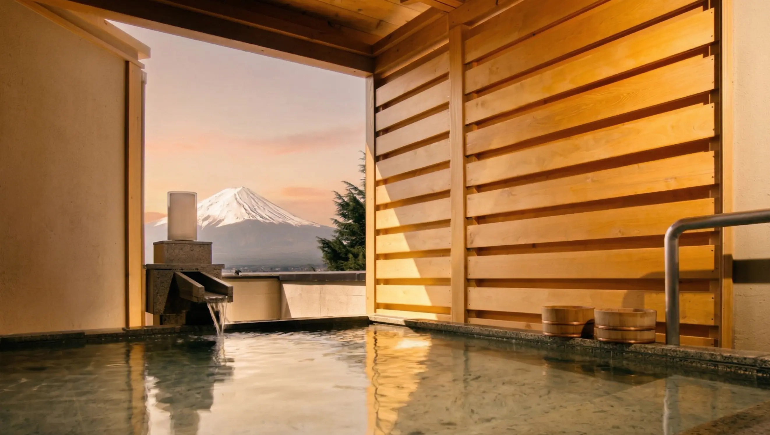 Warmly lit private open-air onsen with golden cedar framing a spectacular sunset view of Mount Fuji at Shuhokaku Kogetsu