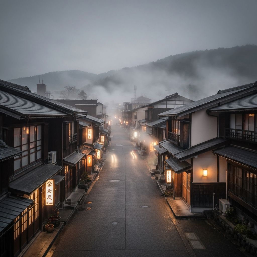 A serene onsen town in Japan with steam rising from traditional baths